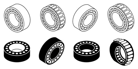 Isometric vector icons of various ball and roller bearings set