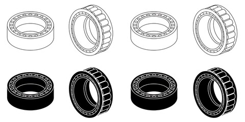 Isometric vector icons of mechanical ball and roller bearings