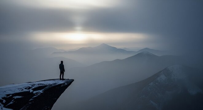 Man on cliff edge gazes at misty mountain range at sunrise