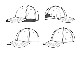Four blank baseball cap vector templates technical drawing set