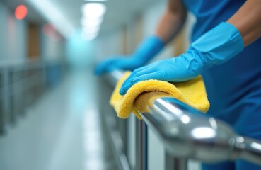 Person wipes metal railing in a hospital with yellow cloth. Cleaner in gloves cleans banister in corridor. Healthcare worker disinfects handrail with sanitizer for safety.