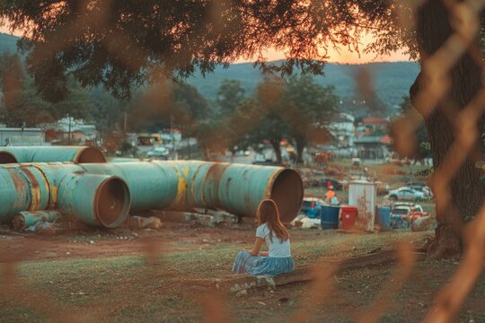 Young girl in casual clothes sits on stone bench by rusted industrial pipes at sunset, blending urban decay and childhood tranquility in city park setting