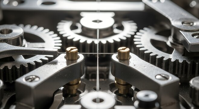 Close-up of intricate mechanical gears in silver and gold tones  