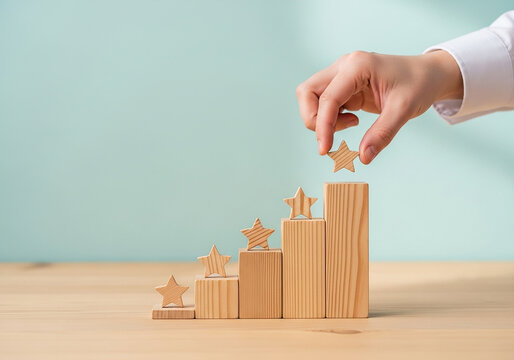 Hand placing a star block on top of a wooden staircase, a professional concept perfect for achieving goals, career growth, and reaching for success