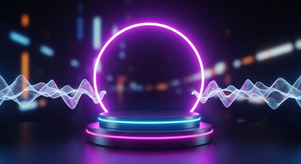 Futuristic neon glowing podium stage with abstract sound waves and vibrant light ring for product display, virtual reality, or event background