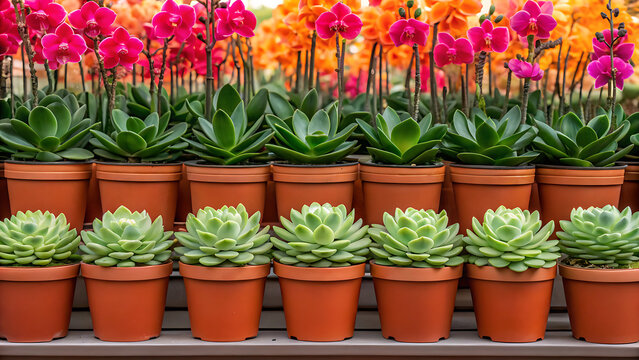Rows of potted succulents and vibrant orchids create a colorful and textured botanical display - Powered by Adobe