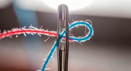 Needle with red and blue thread passing through the eye closeup  