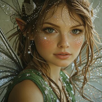 Magical close-up fantasy portrait of a sparkling fairy girl with glitter, wings, pointed ears, and dreamy enchanting light.