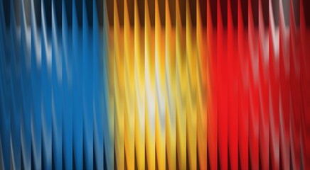 An abstract design featuring a vertical tricolor in blue, yellow, and red