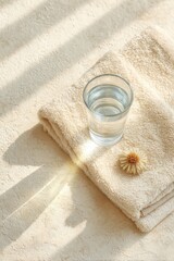 Spa-style scene with glass of water on towel and natural flower