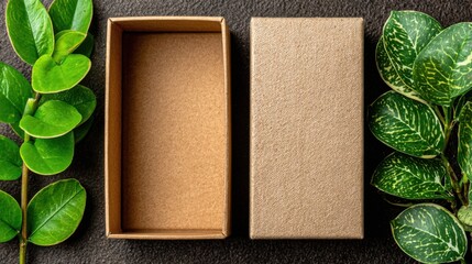 Open cardboard box with green branches on dark textured background