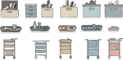 Collection of organized drawers, trays, and rolling carts for storage and transportation © dhorido studio