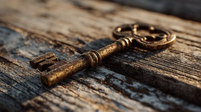   A rustic wooden surface holds an antiquated, weather-beaten key in close detail