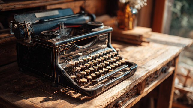   A close-up image of a vintage typewriter on a wooden desk with a bouquet of flowers behind it