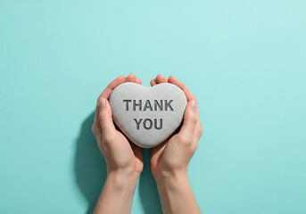 Hands gently cupping a 'Thank You' heart stone on a soft blue background, a creative and peaceful concept for showing gratitude and heartfelt thanks