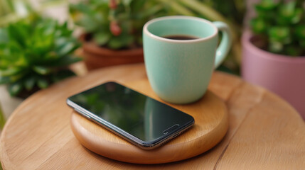 Mint green mug and cellphone resting on a wooden coaster near potted succulents