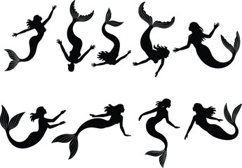 Fototapeta premium Ten Elegant Mermaid Silhouettes Swimming Under Water Black Vector Illustration Set, Fantasy Aquatic Mythical Character Collection, Fairy Tale Ocean Creatures, Ariel Pose
