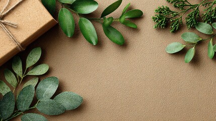 Kraft-wrapped gift with mixed botanical greens on textured neutral backdrop