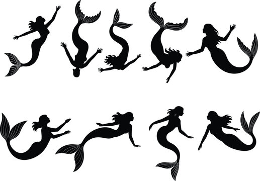 Ten Elegant Mermaid Silhouettes Swimming Under Water Black Vector Illustration Set, Fantasy Aquatic Mythical Character Collection, Fairy Tale Ocean Creatures, Ariel Pose