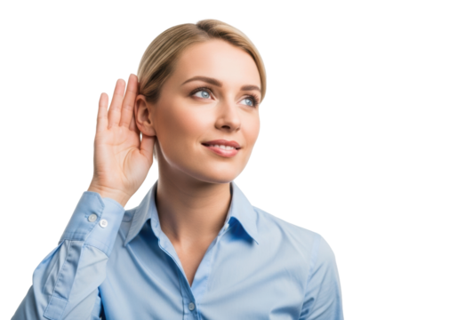 Young caucasian woman, light blue shirt, cupping hand to ear, smiling on white background, actively listening, receptive expression, concept of empathetic communication