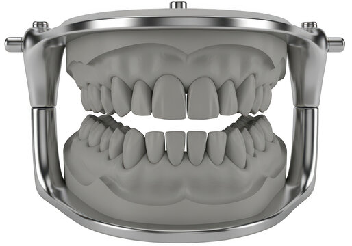 Realistic dental model showing upper and lower teeth in a metal articulator isolated on transparent background