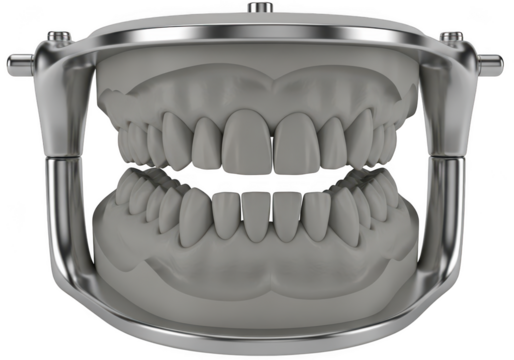 Realistic dental model showing upper and lower teeth in a metal articulator isolated on transparent background