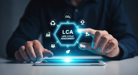 A professional interacts with a glowing holographic interface on a tablet, analyzing a product's Life Cycle Assessment with icons for environmental and social impact