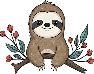 Fototapeta premium Happy Sloth Character Sitting with Floral Wreath.eps Cute cartoon owl illustration with big eyes and flowers on a tree branch, a funny nature vector character