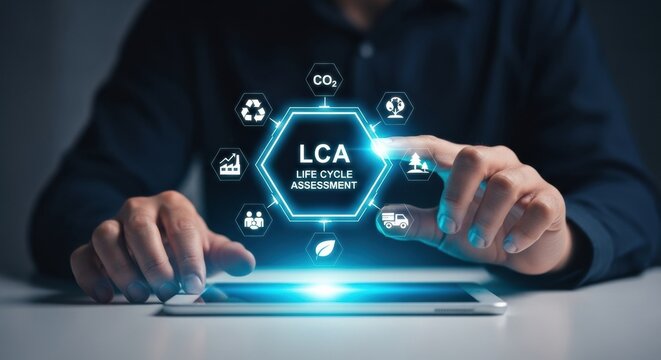 A professional interacts with a glowing holographic interface on a tablet, analyzing a product's Life Cycle Assessment with icons for environmental and social impact - Powered by Adobe