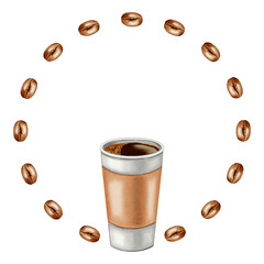 Hand painted watercolor illustration of a coffee cup inside a decorative wreath of floating beans. Ideal for coffee shops, cafes, store branding, packaging, and menu design