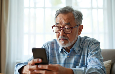 Mature Asian man uses phone indoors. Elderly male wearing eyeglasses examines smartphone screen. Senior person with vision impairment views mobile device. Older adult uses tech.