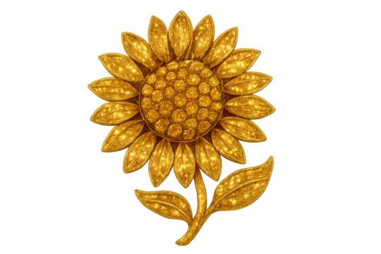 Golden sunflower illustration with glittering petals and metallic texture, decorative floral design element on transparent background