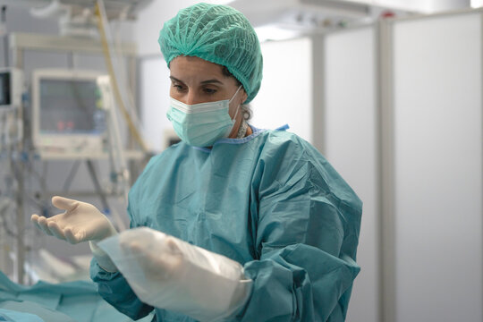 Female surgeon preparing with gloves for surgery