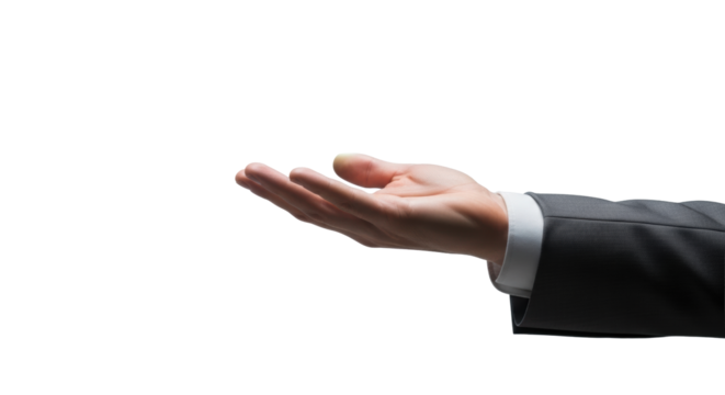 A well-groomed caucasian male hand in a charcoal grey business suit presents a sleek, modern digital display showing '100%' with a green arrow, against a blurred professional studio background,