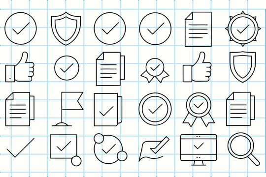 Collection of Check Mark, Approved, and Verified Vector Icons in Outline Style for Various Concepts and Applications
