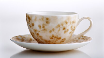 Fototapeta premium A clear shot of a cup and saucer resting on a white background, reflecting in the surface below