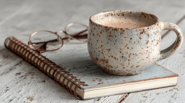 Rustic ceramic coffee cup on notebook for a warm creative moment