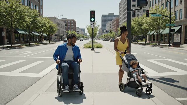 Parents with strollers pause at crosswalk, vibrant city backdrop, camera pans to capture the scene's lively atmosphere and pedestrian activity