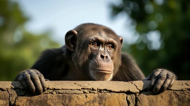 A curious chimpanzee peers over a textured stone wall, its intelligent eyes scanning the surroundings with a thoughtful expression. The primate's hands rest gently on the rough surface, highlighting t