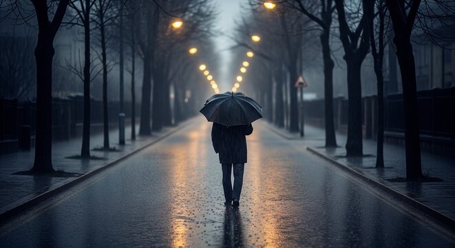 Man with umbrella walks on wet street in misty city at night