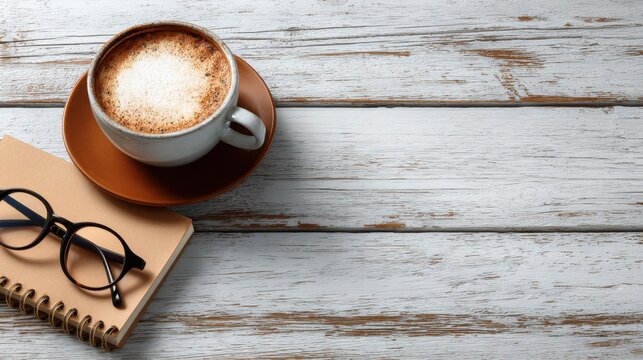 Cappuccino with notebook and glasses on rustic wooden tabletop - Powered by Adobe