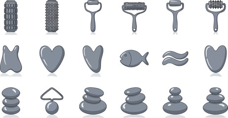 Collection of Massage Tools and Stones Icons in Grey Scale