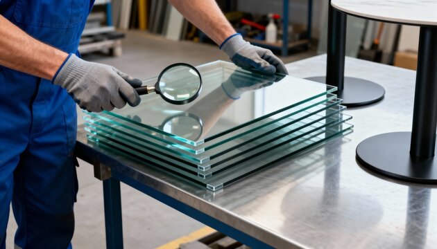 Assembly line worker inspects durable tempered glass panels for quality and safety before mounting on contemporary table bases - Powered by Adobe