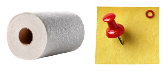Roll of white paper towel next to a bright red pushpin on a textured yellow sticky note isolated on white background office supplies cleaning supplies reminder