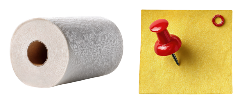 Roll of white paper towel next to a bright red pushpin on a textured yellow sticky note isolated on white background office supplies cleaning supplies reminder - Powered by Adobe
