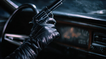 Masked figure holds revolver inside classic car at night