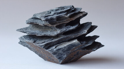 Piece of black layered slate rock with natural texture ideal for product display geology study educational visuals or scientific illustration highlighting structure and mineral patterns