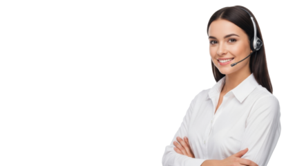 Young caucasian woman, early 20s, dark brown hair, white shirt, hands-free headset, smiling confidently, arms crossed, transparent studio background. Concept of reliable customer support