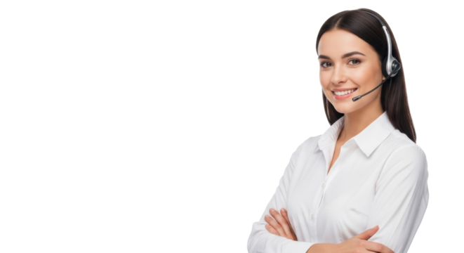 Young caucasian woman, early 20s, dark brown hair, white shirt, hands-free headset, smiling confidently, arms crossed, transparent studio background. Concept of reliable customer support