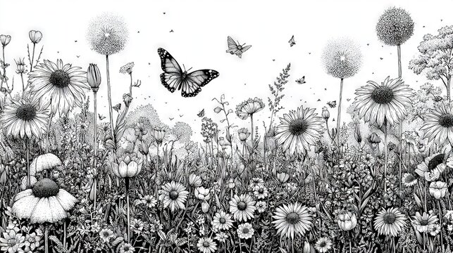   A monochromatic illustration depicting a field of blossoms, with a flying insect atop one of the flowers